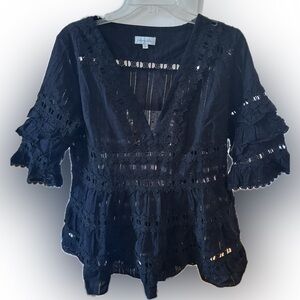 Juniper Blu Black Lace Embroidered Boho Top Size L Cotton